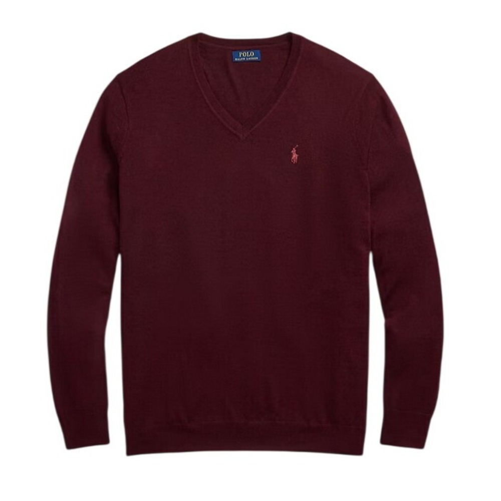 Polo Ralph Lauren Mens V-Neck Sweater Washable Merino Wool Burgundy Size M‎ New